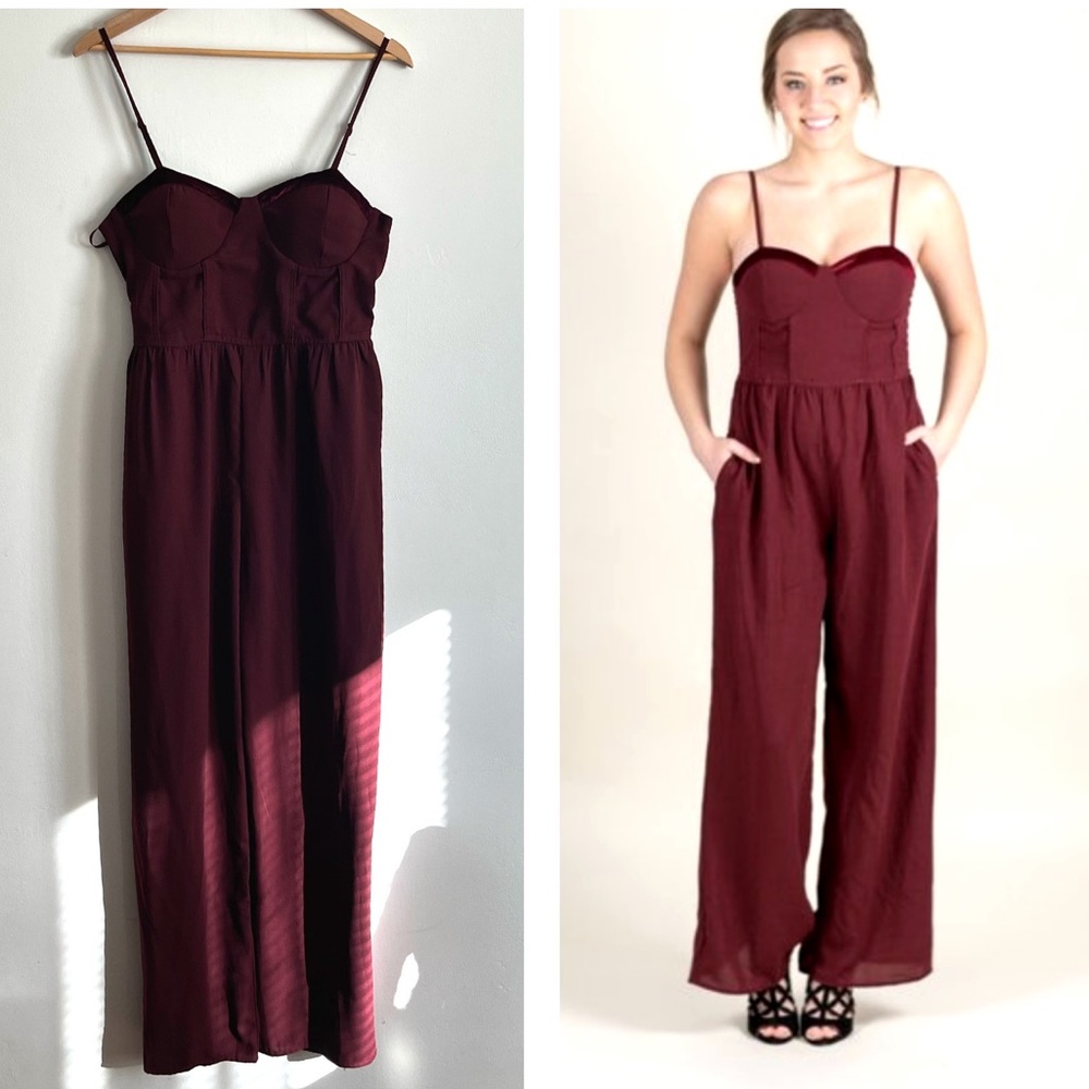 Band Of Gypsies Burgundy Velvet Details Wide Leg Jumpsuit